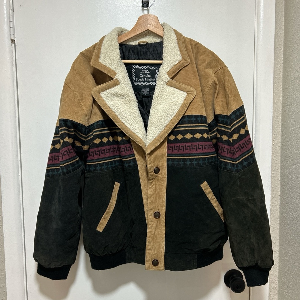 Men's Casual Outfitters XL Suede Shearling-Trim Jacket in Tan & Black